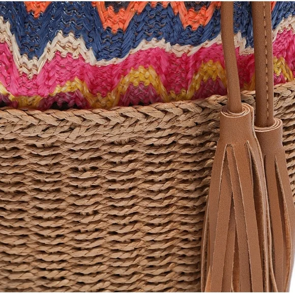 💘CROWN VINTAGE💞 Chevron Print Woven Straw Raffia Bucket Bag💙 Purse boho - Picture 6 of 11